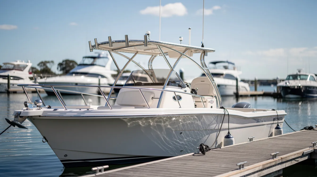 A recreational fishing boat equipped with a sturdy aluminium targa bar frame is docked in a marina, showcasing its engineered design and performance features. The boat is surrounded by calm waters and other vessels, highlighting its ideal setting for marine activities.