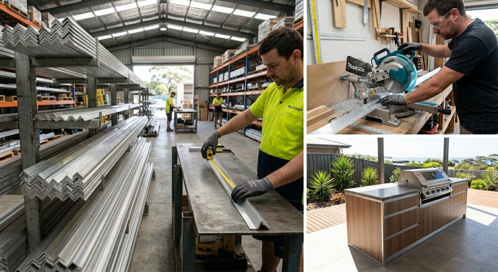 Left: A wide-angle, high-quality shot of an industrial warehouse in Australia. Racks are filled with neatly stacked silver aluminium angle profiles of various sizes. In the foreground, a worker in a high-visibility polo shirt (branded "Buy A Length") is using a yellow measuring tape to check the length of an aluminium extrusion on a metal workbench.

upper right: A crisp, action shot focusing on a professional mitre saw cutting through a silver aluminium angle. Metal shavings are visible, and the worker is wearing safety glasses and gloves. The lighting is bright and professional, emphasizing the precision of the "custom cut to length" service.

lower right: A lifestyle photo of a modern outdoor kitchen on a patio. The cabinetry features sleek, brushed aluminium angle trim on the corners and edges, providing a clean, architectural finish. The background shows a coastal Australian backyard with greenery.