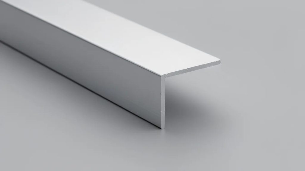 A high-resolution, close-up studio shot of a mill-finish silver aluminium L-shaped angle extrusion. The image shows the sharp 90-degree bend and smooth surface texture, set against a neutral grey background with soft lighting to highlight the metallic edges.