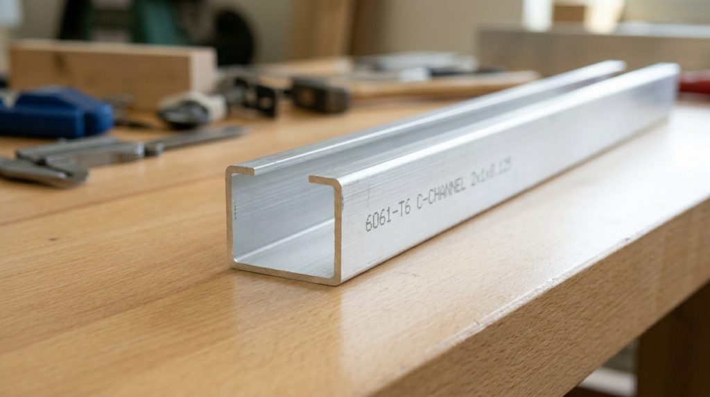 A close-up, high-resolution photograph of a silver aluminium C-channel extrusion lying diagonally across a light-colored wooden workbench. The metal piece has a rectangular profile with an open top featuring inward-facing lips. Stamped along the side of the aluminium is the text "6061-T6 C-CHANNEL 2x1x0.125". The background is softly blurred, showing a workshop environment with various tools, including calipers and pieces of wood. Bright, natural lighting highlights the brushed metallic texture and clean edges of the aluminium extrusion.