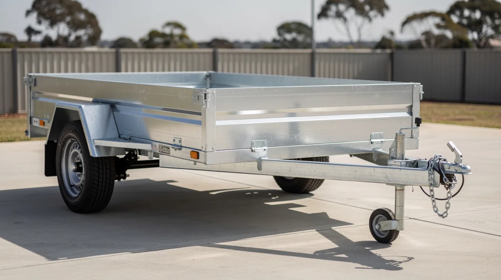 A high-resolution photograph of a bright, newly manufactured aluminium c channel utility trailer. It is a single-axle design parked on a smooth, light-colored concrete surface. The trailer features ribbed side panels, mudguards over black tires with silver rims, and a sturdy A-frame drawbar at the front. The drawbar is equipped with a jockey wheel, a coupling hitch, and heavy-duty safety chains. A small manufacturer's badge is visible on the lower front side panel. In the background, there is a grey corrugated metal fence and a few trees under a bright, clear sky. Strong, natural sunlight casts sharp shadows on the concrete beneath the trailer.