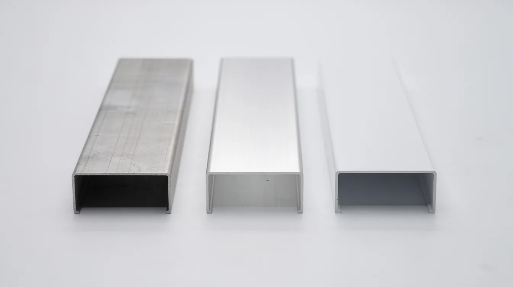 The image features three aluminium channel pieces displayed side by side, showcasing different finishes: a raw mill finish, a clear anodised finish, and a powder-coated finish. These durable aluminium channels are ideal for outdoor use and construction projects, providing a lightweight and corrosion-resistant solution for builders.