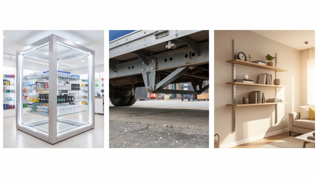 This collage showcases various applications of aluminium channels, including a retail shop display frame, a trailer undercarriage, and home floating shelves, highlighting their durability and suitability for both indoor and outdoor use. The image emphasizes the versatility of aluminium channels in construction projects, providing a lightweight and corrosion-resistant solution for builders.