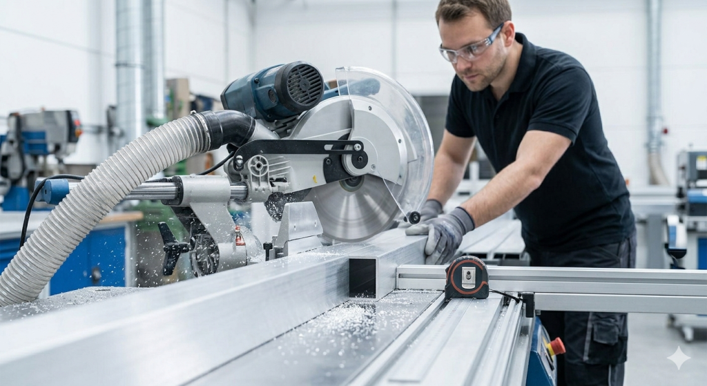 A fabricator wearing safety gear uses a drop saw with a specialized blade to accurately cut a mill finish aluminium channel profile to a specific length in a professional workshop setting.