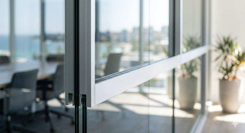 Modern commercial office interior showing a glass partition wall framed with sleek, satin-anodized aluminium U-channels, demonstrating a typical architectural application.