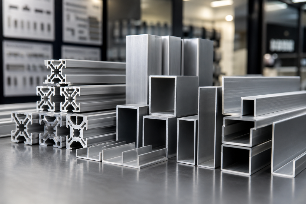 Close-up of brushed aluminium extrusions including T-slot profiles, square tubes, rectangular hollow sections, angle bars and U-channels in a modern showroom