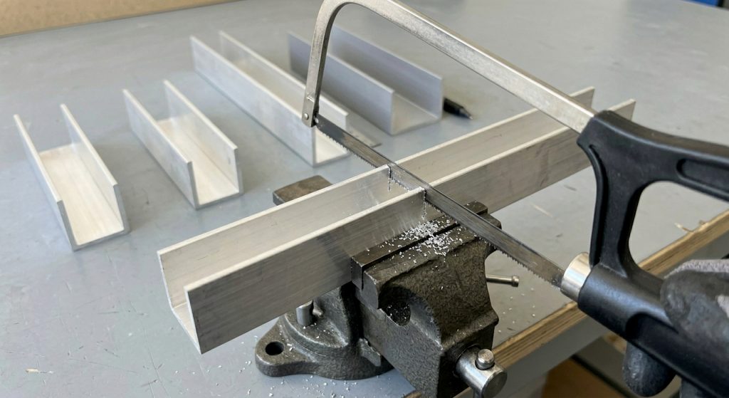 A close-up view of a metalworking process. A piece of silver aluminium U-channel is clamped tightly within the jaws of a heavy, dark-grey metal bench vise. A gloved hand holds a black-handled hacksaw, the blade positioned mid-cut across the top edges of the U-channel. Tiny, bright silver metal shavings (swarf) are visibly scattered around the cut, resting on the material and the vise itself. In the softly blurred background, the other aluminium U-channels and the ruler from the first image rest on the grey surface.