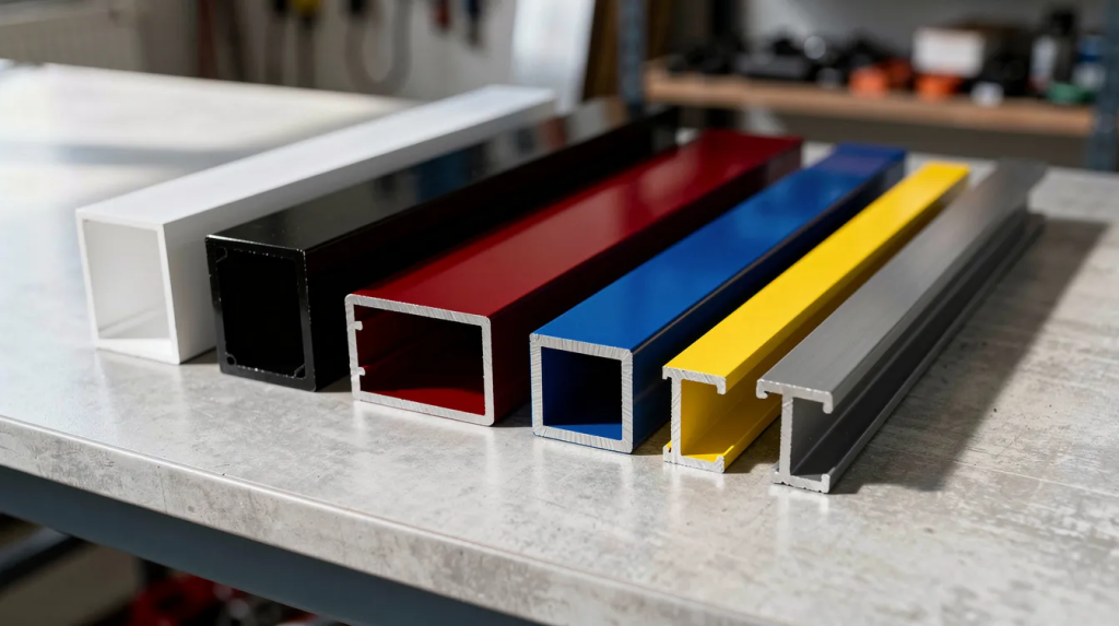 A collection of powder-coated aluminium profiles in various vibrant Colorbond® colours is neatly arranged on a workbench, showcasing different lengths and shapes, including flat bars. This setup is ideal for manufacturers and builders in Australia looking to find and order stock for their projects.