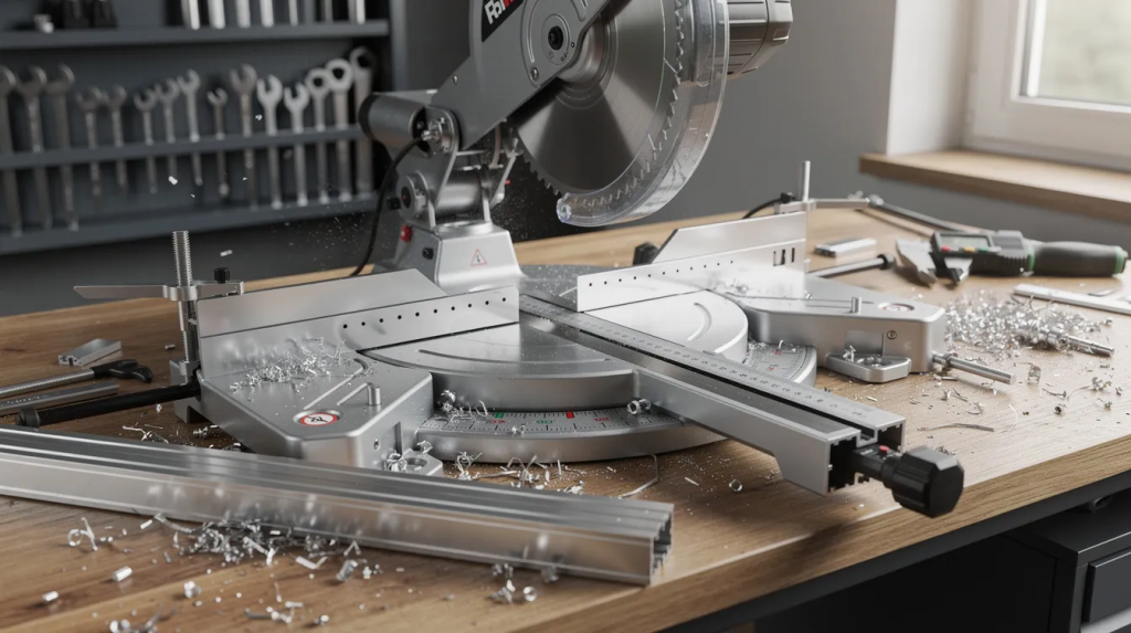 A clean workshop bench features aluminium channels being measured and cut with a mitre saw, showcasing the precision required for working with these products. The setup highlights the tools and materials essential for crafting and modifying channels effectively.