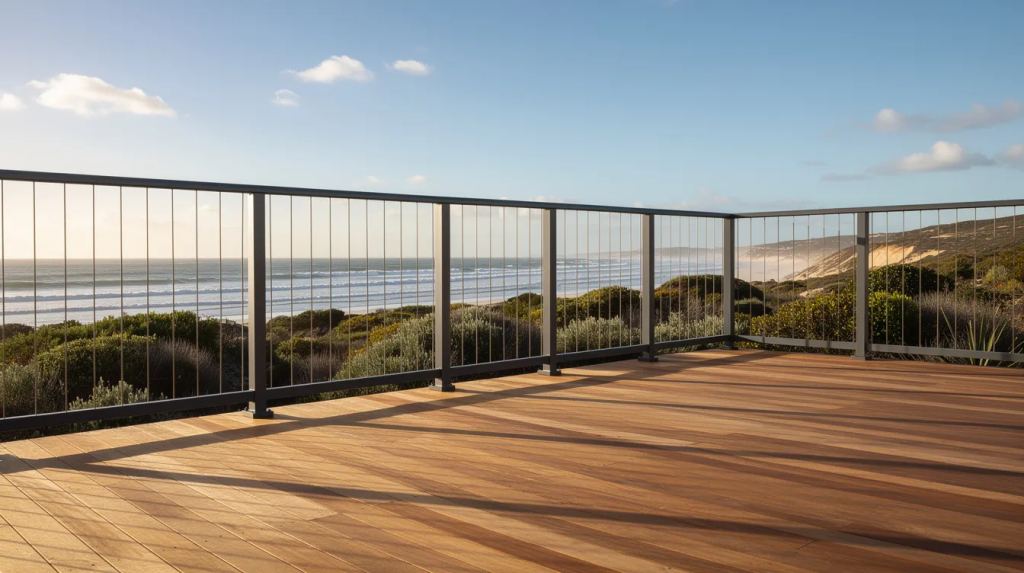 The image features a sleek outdoor aluminium balustrade framing surrounding a deck of an Australian home, set against a stunning coastal backdrop. The balustrade is composed of polished aluminium channels, showcasing a modern design that enhances the overall aesthetic of the deck area.