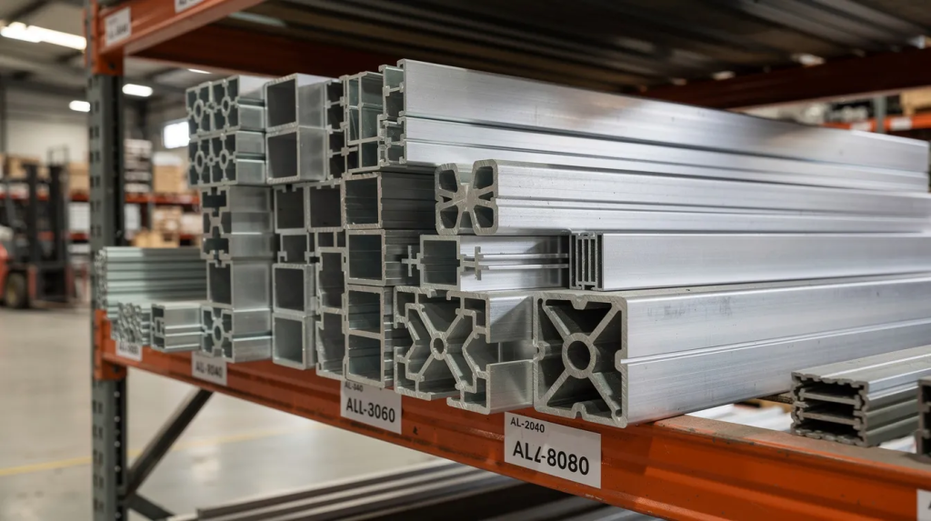A stack of various aluminium extrusion profiles, including flat bars and custom shapes, is neatly arranged on industrial warehouse shelving, showcasing a wide range of products designed to meet the needs of builders and fabricators. These engineered profiles are ideal for projects involving windows, doors, and fencing, providing flexibility and performance for customers in Australia.