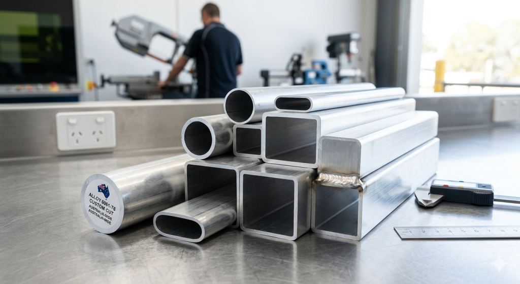 A variety of custom-cut aluminium tube profiles including round, square, rectangular, and oval shapes stacked on a metal workbench in an Australian workshop.