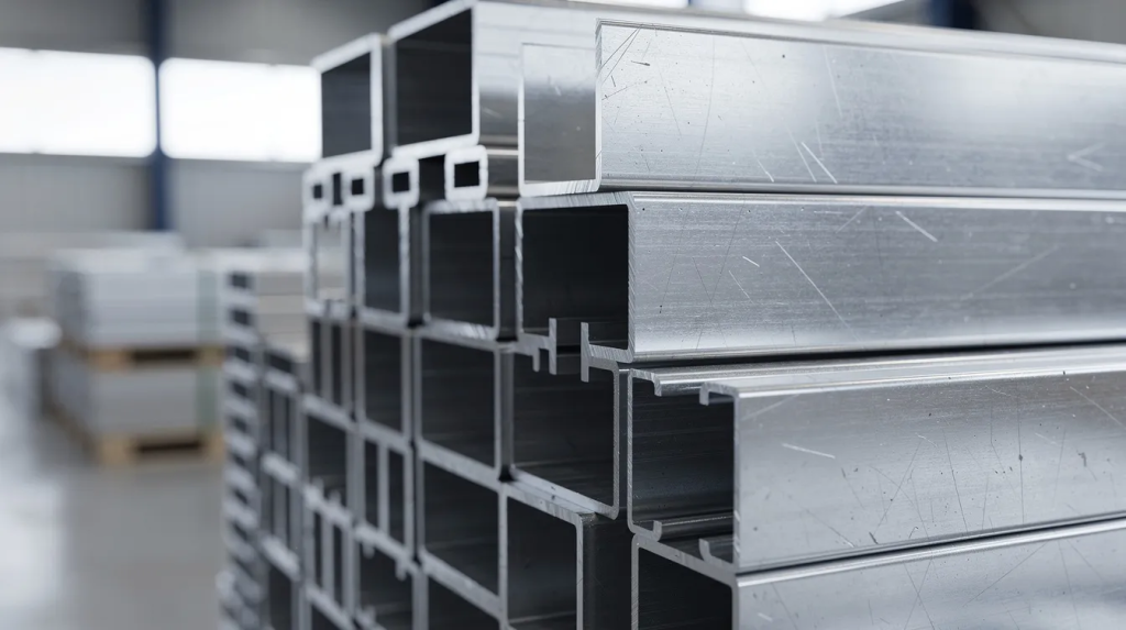 A close-up view of various aluminium channel extrusion profiles stacked neatly in a warehouse, showcasing a range of sizes and mill finish options ideal for industrial applications and construction. These channels are known for their strength and corrosion resistance, making them suitable for a variety of manufacturing needs.