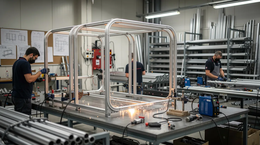 The image shows a fabrication workshop where aluminium tube frames are being assembled, highlighting the lightweight nature and durability of the materials used. Various workers are engaged in the assembly process, preparing these corrosion-resistant frames for different applications, including construction and furniture.
