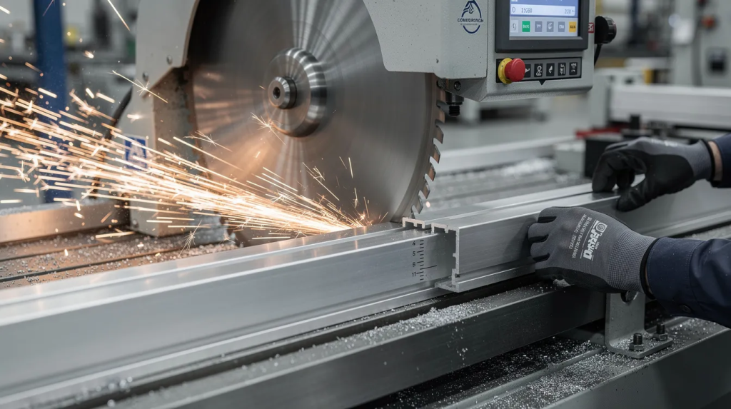 An industrial saw is cutting a mill finish aluminium channel to a precise length, showcasing its strength and ideal suitability for various manufacturing and construction applications. The image depicts the saw in action, emphasizing the accuracy needed for different sizes of channels supplied for industrial use.