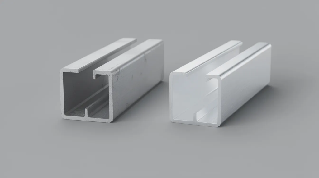 The image shows a side-by-side comparison of a raw mill finish aluminium channel and a clear anodised aluminium channel, highlighting the differences in surface treatment. The anodised channel offers enhanced corrosion resistance, making it ideal for various industrial applications and construction projects.