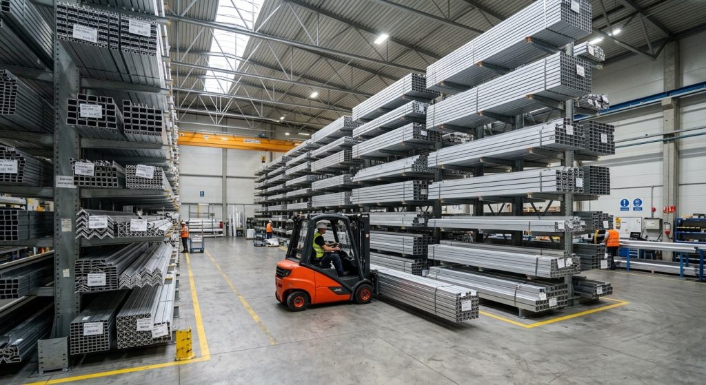 A detailed industrial photograph taken from a wide angle inside a vast warehouse. Thousands of long, precisely bundled silver aluminum extrusions are stored across massive, multi-tiered cantilever racking systems (labeled with detailed codes like 'PROFILE 6063', 'BATCH 24A-12'). An orange forklift, operated by a worker wearing a safety vest and hard hat, is positioned in a central aisle next to stacked profiles. The warehouse has high steel truss ceilings with skylights, overhead lighting, and a concrete floor with marked safety lines. In the background, other workers and more racked product are visible, receding into the distance.