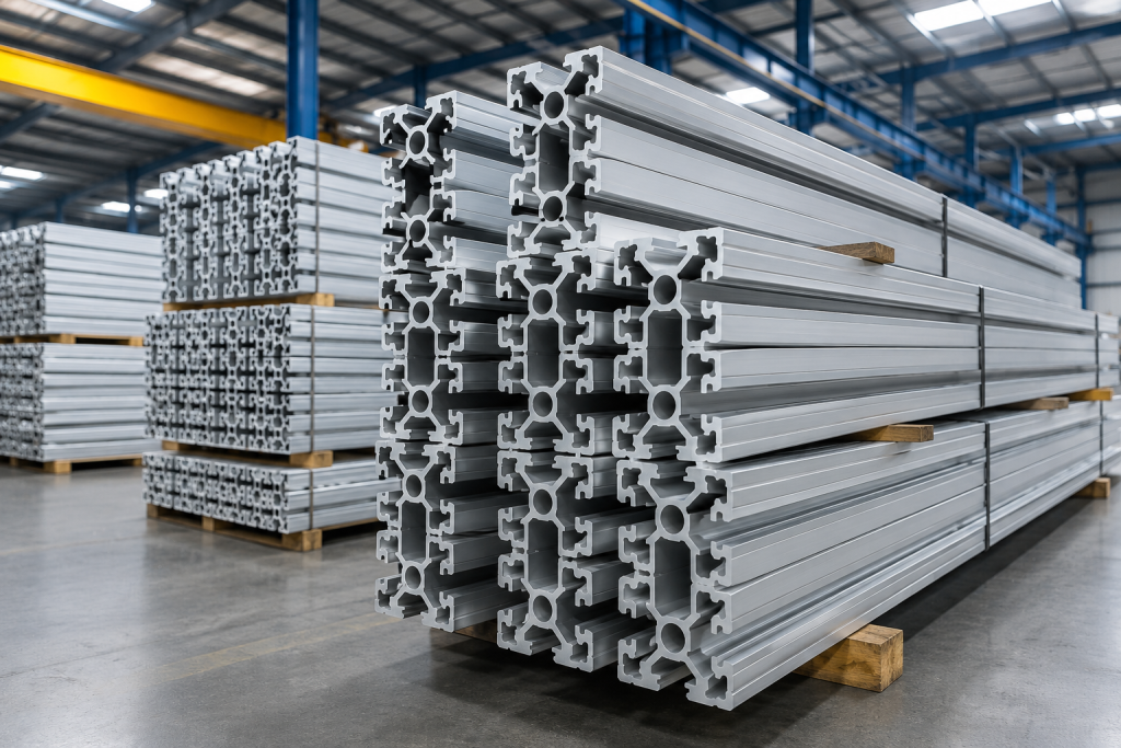 Premium 6000-series aluminium extrusion profiles stacked in a warehouse, ready for precision cutting and fabrication.
Engineered for strength, corrosion resistance, and versatility across a wide range of industrial applications.