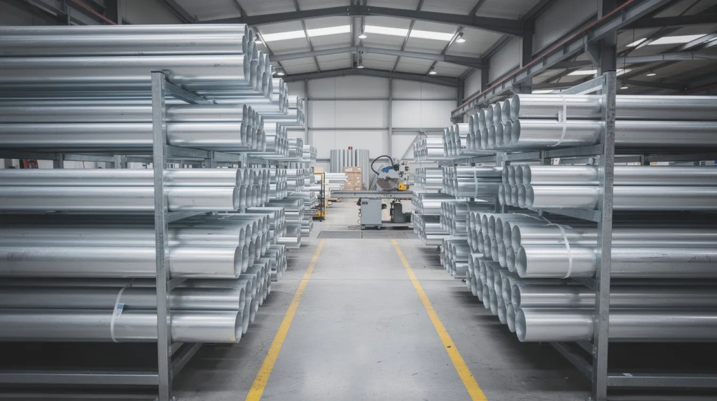 The image shows a stack of aluminium tubes neatly arranged in a warehouse, ready for cutting. These corrosion-resistant tubes, commonly used in various applications such as construction and automotive industries, are available for bulk orders with Australia wide delivery.