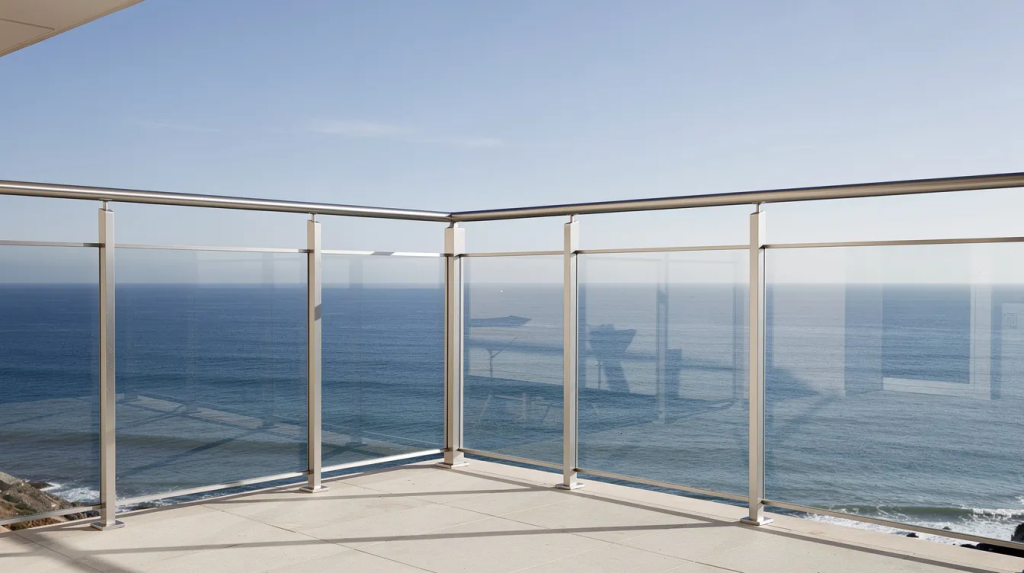 The image shows finished aluminium handrails installed on a coastal balcony, highlighting their corrosion-resistant properties and lightweight nature. These handrails are a popular choice for outdoor construction projects in Australia, designed to withstand harsh environments while providing safety and durability.