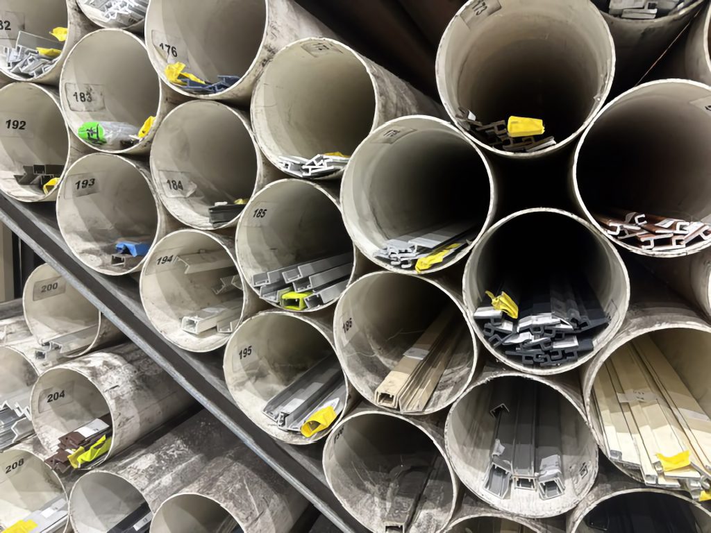 Aluminium channels neatly organised in a Buy A Length Warehouse ready for cutting.