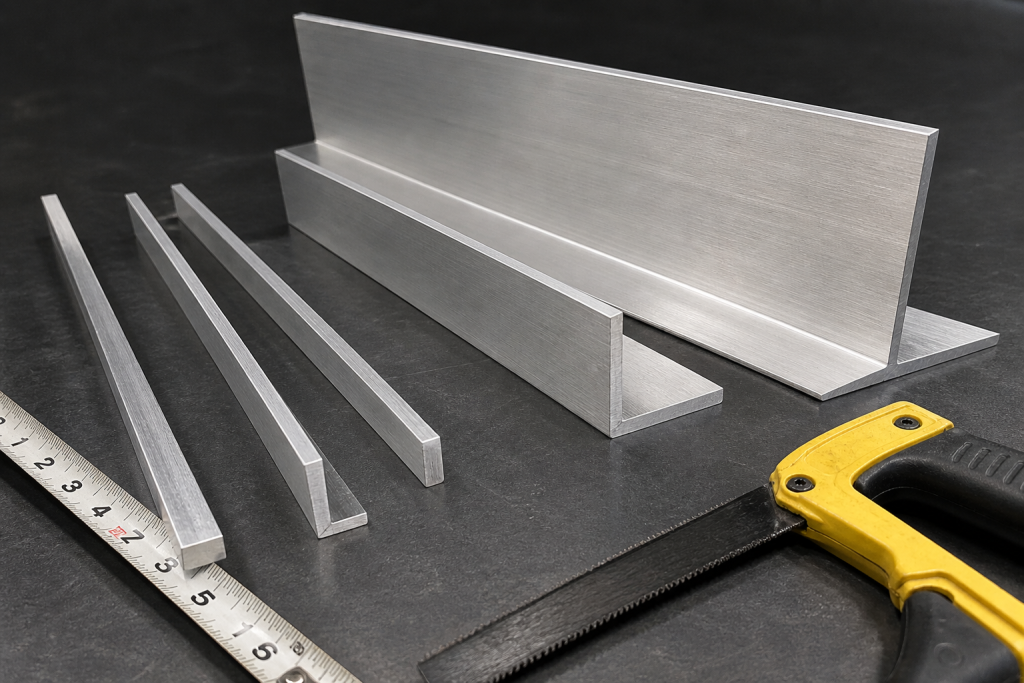 Precision cutting aluminium angle to custom size with measuring tape and saw, brushed finish extrusion ready for fabrication