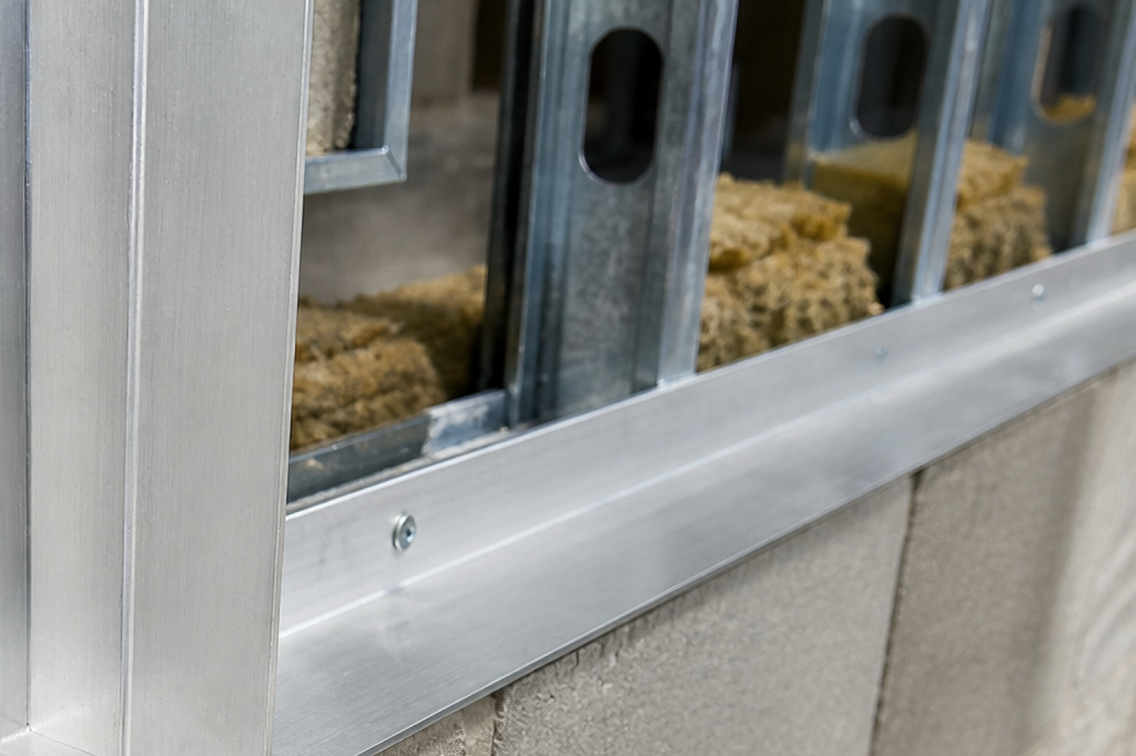 Aluminium angle installed on concrete block wall framing with screws, showing structural support and clean professional finish