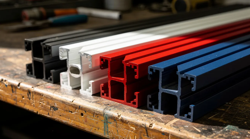 The image features a close-up view of various aluminium extrusion profiles in an array of different powder coat colours, neatly arranged on a workshop bench. These profiles are designed for security screen doors and other applications, showcasing their durability and customisation options for both residential and industrial needs.