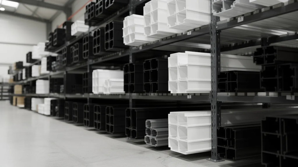 The image features neatly stacked rows of powder coated aluminium extrusion profiles in black, white, and grey, organised on industrial warehouse racking. These durable profiles, available in various sizes and colours, are ideal for a range of applications including fencing and commercial projects.