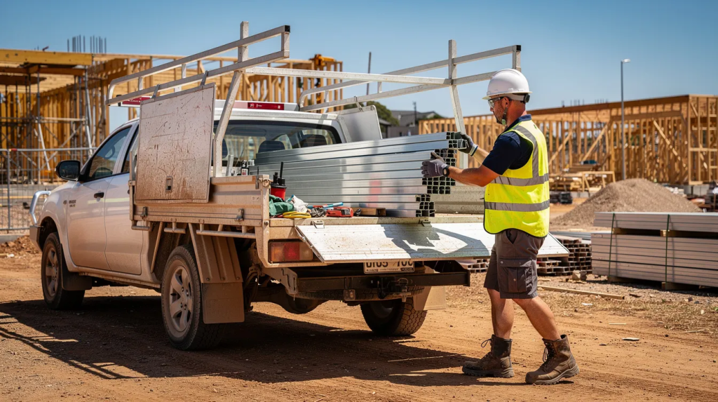A tradesperson wearing a high-visibility vest is loading short cut aluminium lengths into the back of a work ute on a sunny construction site, showcasing the durable and corrosion-resistant properties of aluminium extrusion. The scene reflects the careful selection of exact lengths and profiles needed for various commercial and residential projects.